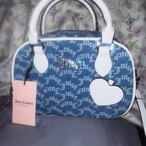 Juicy Couture Blue Logo Satchel with White Handles and Heart Charm